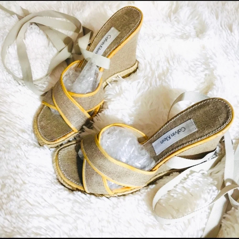 Calvin Klein Sandals Wrap Gladiator Wedge Platform Espadrille Tan Sz 6.5 Boho